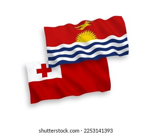 National vector fabric wave flags of Kingdom of Tonga and Republic of Kiribati isolated on white background. 1 to 2 proportion.