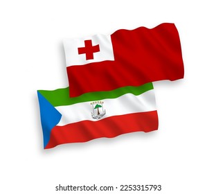 National vector fabric wave flags of Kingdom of Tonga and Republic of Equatorial Guinea isolated on white background. 1 to 2 proportion.