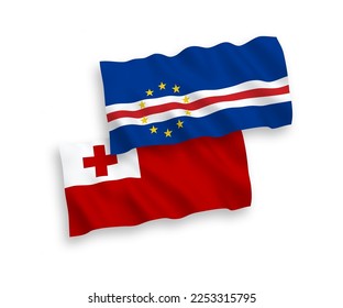 National vector fabric wave flags of Kingdom of Tonga and Republic of Cabo Verde isolated on white background. 1 to 2 proportion.