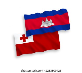 National vector fabric wave flags of Kingdom of Tonga and Kingdom of Cambodia isolated on white background. 1 to 2 proportion.