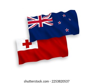 Nationale Vektor-Wellen-Flaggen des Königreichs Tonga und Neuseeland einzeln auf weißem Hintergrund. 1 bis 2 %.