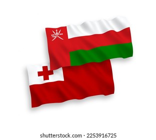 Nationale Vektor-Wellen-Flaggen des Königreichs Tonga und Sultanat von Oman einzeln auf weißem Hintergrund. 1 bis 2 %.