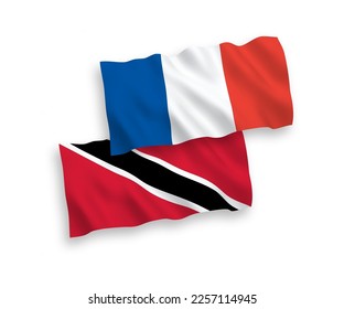 National vector fabric wave flags of France and Republic of Trinidad and Tobago isolated on white background. 1 to 2 proportion.