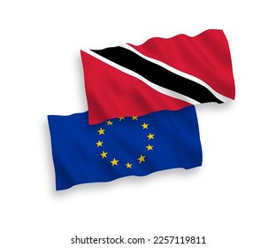 National vector fabric wave flags of European Union and Republic of Trinidad and Tobago isolated on white background. 1 to 2 proportion.