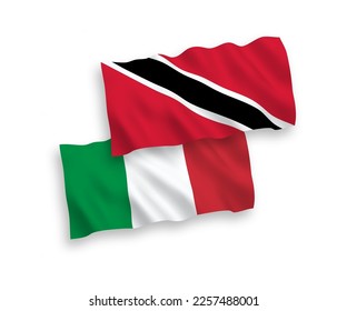 National vector fabric wave flags of Italy and Republic of Trinidad and Tobago isolated on white background. 1 to 2 proportion.