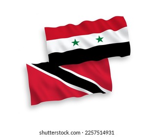 National vector fabric wave flags of Republic of Trinidad and Tobago and Syria isolated on white background. 1 to 2 proportion.