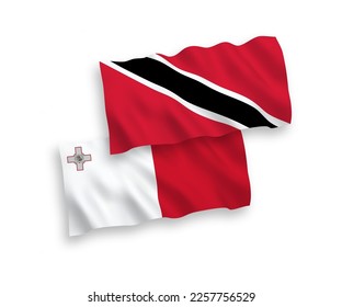 National vector fabric wave flags of Malta and Republic of Trinidad and Tobago isolated on white background. 1 to 2 proportion.