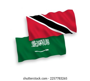 National vector fabric wave flags of Saudi Arabia and Republic of Trinidad and Tobago isolated on white background. 1 to 2 proportion.