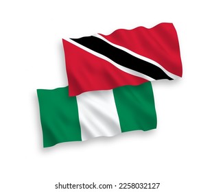 National vector fabric wave flags of Republic of Trinidad and Tobago and Nigeria isolated on white background. 1 to 2 proportion.