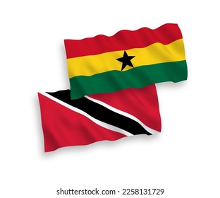 National vector fabric wave flags of Republic of Trinidad and Tobago and Ghana isolated on white background. 1 to 2 proportion.