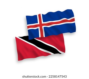 National vector fabric wave flags of Republic of Trinidad and Tobago and Iceland isolated on white background. 1 to 2 proportion.