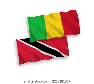National vector fabric wave flags of Republic of Trinidad and Tobago and Mali isolated on white background. 1 to 2 proportion.