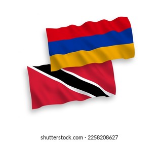 National vector fabric wave flags of Republic of Trinidad and Tobago and Armenia isolated on white background. 1 to 2 proportion.