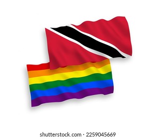 National vector fabric wave flags of Republic of Trinidad and Tobago and Rainbow gay pride isolated on white background. 1 to 2 proportion.