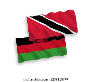 National vector fabric wave flags of Republic of Trinidad and Tobago and Malawi isolated on white background. 1 to 2 proportion.