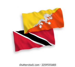 National vector fabric wave flags of Republic of Trinidad and Tobago and Kingdom of Bhutan isolated on white background. 1 to 2 proportion.