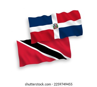 National vector fabric wave flags of Republic of Trinidad and Tobago and Dominican Republic isolated on white background. 1 to 2 proportion.