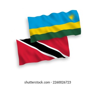National vector fabric wave flags of Republic of Trinidad and Tobago and Republic of Rwanda isolated on white background. 1 to 2 proportion.