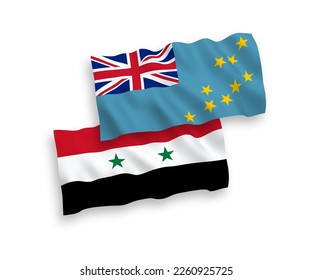 National vector fabric wave flags of Tuvalu and Syria isolated on white background. 1 to 2 proportion.