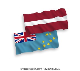 National vector fabric wave flags of Latvia and Tuvalu isolated on white background. 1 to 2 proportion.