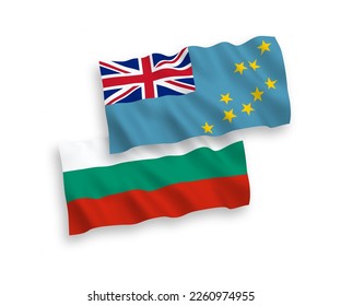 National vector fabric wave flags of Bulgaria and Tuvalu isolated on white background. 1 to 2 proportion.