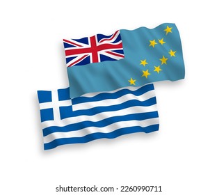 National vector fabric wave flags of Greece and Tuvalu isolated on white background. 1 to 2 proportion.