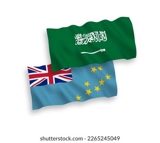 National vector fabric wave flags of Saudi Arabia and Tuvalu isolated on white background. 1 to 2 proportion.
