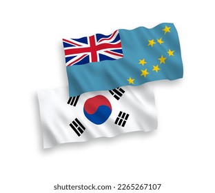 National vector fabric wave flags of South Korea and Tuvalu isolated on white background. 1 to 2 proportion.