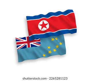 National vector fabric wave flags of North Korea and Tuvalu isolated on white background. 1 to 2 proportion.