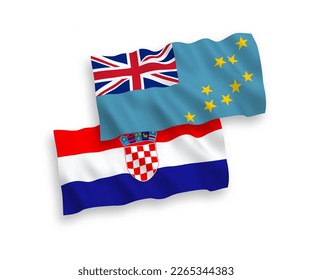 National vector fabric wave flags of Tuvalu and Croatia isolated on white background. 1 to 2 proportion.