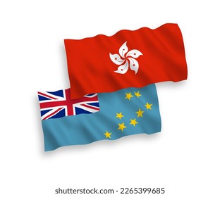 Banderas de olas de tela vectorial nacional de Tuvalu y Hong Kong aisladas en fondo blanco. de 1 a 2.