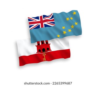 National vector fabric wave flags of Tuvalu and Gibraltar isolated on white background. 1 to 2 proportion.