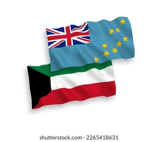 National vector fabric wave flags of Tuvalu and Kuwait isolated on white background. 1 to 2 proportion.