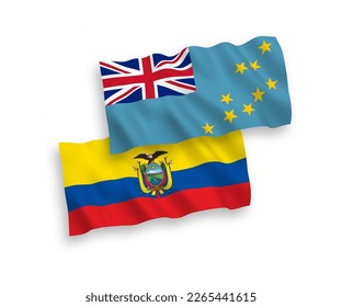 National vector fabric wave flags of Tuvalu and Ecuador isolated on white background. 1 to 2 proportion.