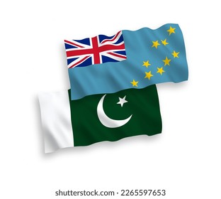 National vector fabric wave flags of Tuvalu and Pakistan isolated on white background. 1 to 2 proportion.