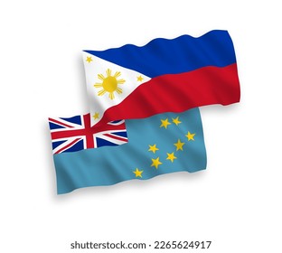 National vector fabric wave flags of Tuvalu and Philippines isolated on white background. 1 to 2 proportion.
