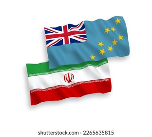 National vector fabric wave flags of Tuvalu and Iran isolated on white background. 1 to 2 proportion.
