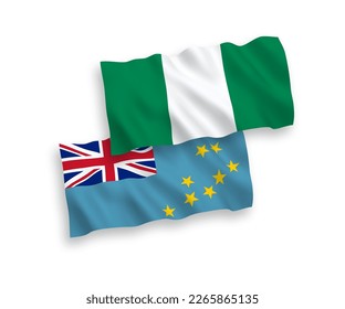 National vector fabric wave flags of Tuvalu and Nigeria isolated on white background. 1 to 2 proportion.
