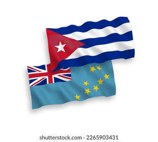 National vector fabric wave flags of Tuvalu and Cuba isolated on white background. 1 to 2 proportion.