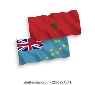 National vector fabric wave flags of Tuvalu and Morocco isolated on white background. 1 to 2 proportion.
