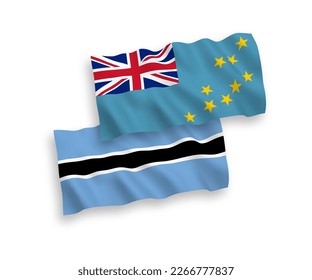 National vector fabric wave flags of Tuvalu and Botswana isolated on white background. 1 to 2 proportion.