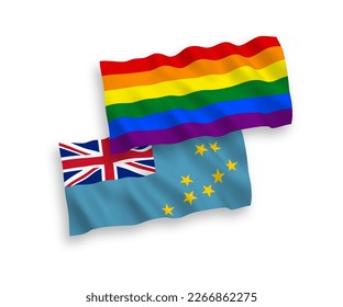 National vector fabric wave flags of Tuvalu and Rainbow gay pride isolated on white background. 1 to 2 proportion.