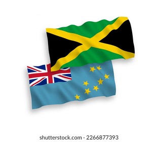National vector fabric wave flags of Tuvalu and Jamaica isolated on white background. 1 to 2 proportion.