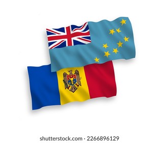 National vector fabric wave flags of Tuvalu and Moldova isolated on white background. 1 to 2 proportion.