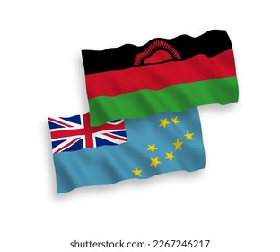 National vector fabric wave flags of Tuvalu and Malawi isolated on white background. 1 to 2 proportion.