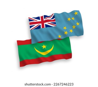 Nationale Vektor-Wellen-Flaggen von Tuvalu und der Islamischen Republik Mauretanien einzeln auf weißem Hintergrund. 1 bis 2 %.