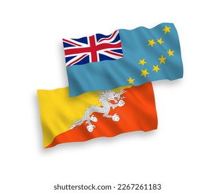 National vector fabric wave flags of Tuvalu and Kingdom of Bhutan isolated on white background. 1 to 2 proportion.