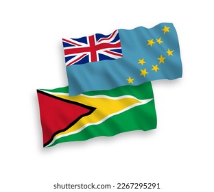 National vector fabric wave flags of Tuvalu and Co-operative Republic of Guyana isolated on white background. 1 to 2 proportion.