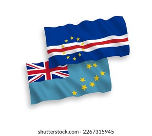 National vector fabric wave flags of Tuvalu and Republic of Cabo Verde isolated on white background. 1 to 2 proportion.