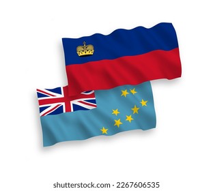 National vector fabric wave flags of Tuvalu and Liechtenstein isolated on white background. 1 to 2 proportion.